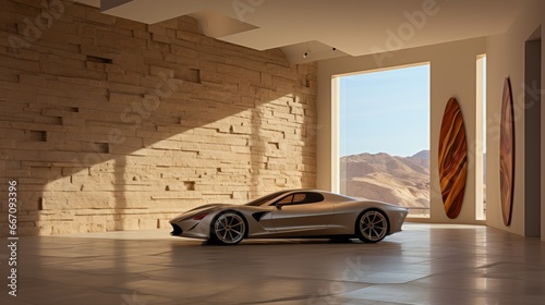 Obraz na płótnie A sleek silver supercar stands proudly in an indoor room, its powerful wheels ready to transport you to new heights as you gaze out the large window at the world beyond the walls w salonie