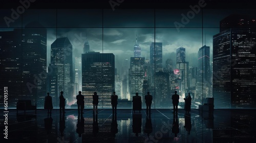 Dark figures of people on the background of the night city