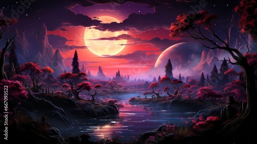 The moon's ethereal glow illuminates enchanting anime-inspired landscape, where vibrant trees sway in harmony with tranquil river, evoking sense of magical serenity amidst boundless beauty of nature © Envision