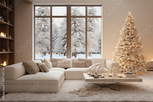 Cozy modern luxurious interior design of a living room with a white fluffy poliform sofa, tall ceiling, off-white cream colored textiles , christmas tree and ornaments, winter holidays mood
