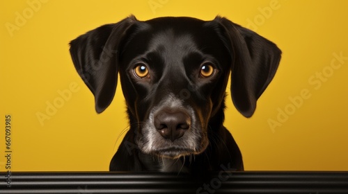 Amidst a sea of yellow, a sleek black dog with piercing brown eyes stands proud, its snout raised in a symbol of wild and untamed loyalty as it embraces its role as both animal and cherished pet photo