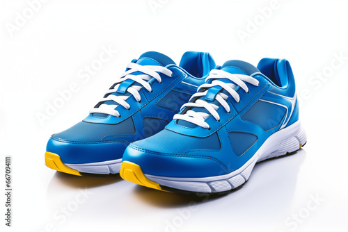 Blue sports shoes with with laces isolated on white background.