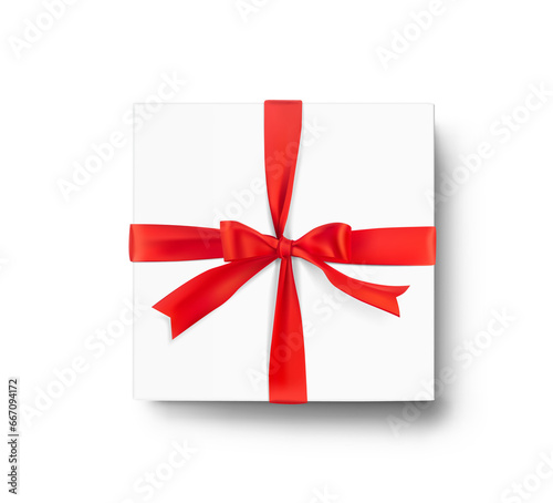 Realistic gift box with red bow with transparent shadow. Illustration ready for your design. © realstockvector