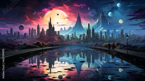In the glow of the city lights, towering skyscrapers and animated figures cast their reflections upon rippling waters below, a surreal scene of urban energy and natural beauty under the starry sky