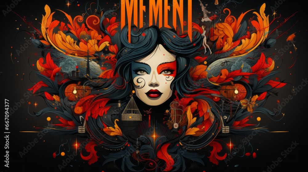 A painting depicting woman with long black hair adorned with vibrant red and orange leaves, captured in whimsical cartoon style with a hint of fiction and masked in the brilliance of art and graphic A painting depicting woman with long black hair adorned with vibrant red and orange leaves, captured in whimsical cartoon style with a hint of fiction and masked in the brilliance of art and graphic