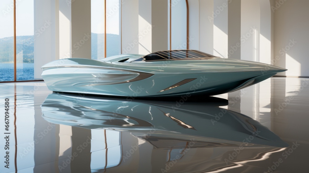A majestic white boat glides through the calm waters of a serene lake, its sleek form reflecting the endless possibilities of adventure and escape A majestic white boat glides through the calm waters of a serene lake, its sleek form reflecting the endless possibilities of adventure and escape