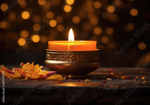vela para fiesta diwali encendida dentro de soporte met  lico decorado sobre mesa con fondo oscuro y dorado desenfocado