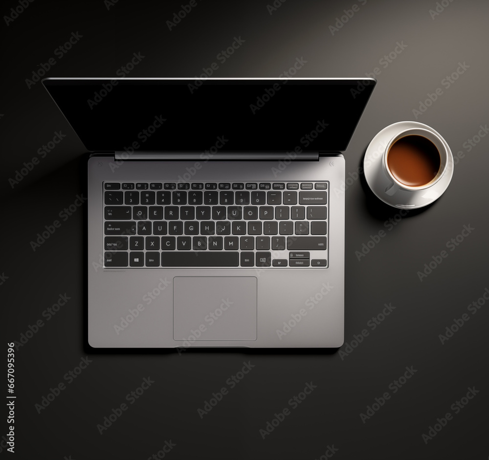 Laptop and cup of coffee isolated on darck background. Generative Ai. Laptop and cup of coffee isolated on darck background. Generative Ai.
