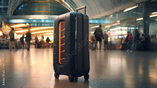 Smart suitcase or luggage in airport departure lounge, robotization concept, robot traveler suitcase in airport terminal waiting area.