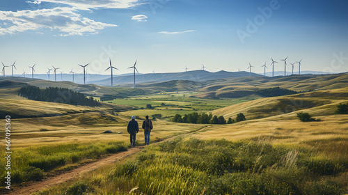 Engineers wearing protective headgear inspect wind turbines against a rolling-hilled landscape, embodying the powerful wind energy industry. photo