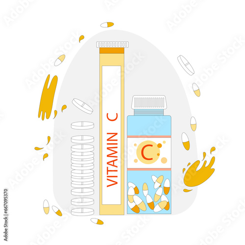 Vector illustration of jars of cream and capsules, bottles with vitamin C. Jars with pills and medicines. Vitamins and dietary supplements