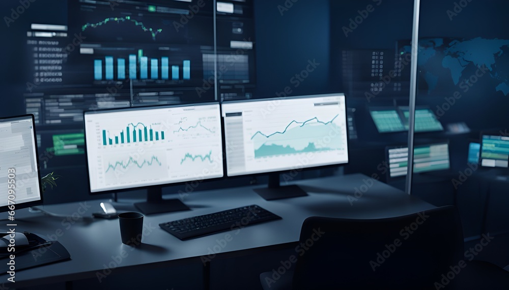 Two Digital Computer Screens with Financial Analytical Data in a Modern Monitoring Office. Control Room with Finance data on the screens Two Digital Computer Screens with Financial Analytical Data in a Modern Monitoring Office. Control Room with Finance data on the screens