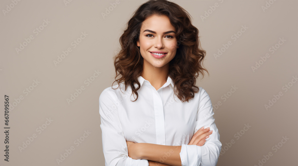 A vivacious, brown-haired student wearing a white, buttoned shirt, with a beaming countenance while arms crossed, stands isolated against a plain backdrop. A vivacious, brown-haired student wearing a white, buttoned shirt, with a beaming countenance while arms crossed, stands isolated against a plain backdrop.