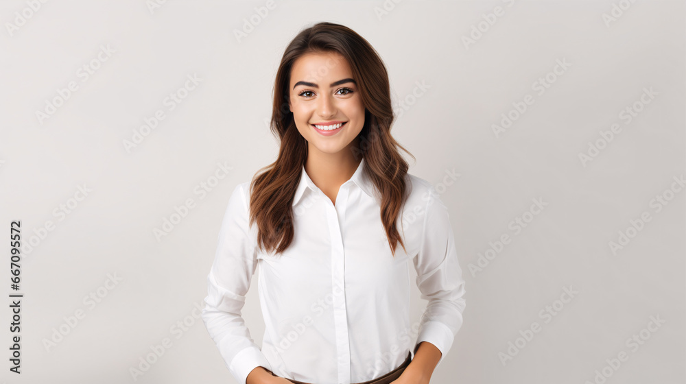 A vivacious dark-haired businesswoman pupil in a white blouse, beaming and optimistic, with arms crossed, set against a plain backdrop. A vivacious dark-haired businesswoman pupil in a white blouse, beaming and optimistic, with arms crossed, set against a plain backdrop.