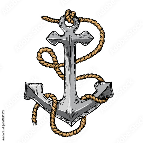 Anchor and rope line art sketch engraving color hand drawn vector illustration. T-shirt apparel print design. Scratch board imitation. Black and white hand drawn image.