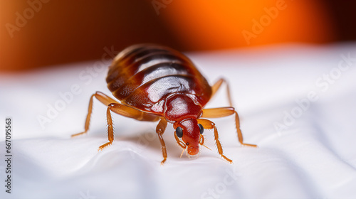 A high-quality photo of Cimex hemipterus, commonly known as a bedbug, on a bed background.