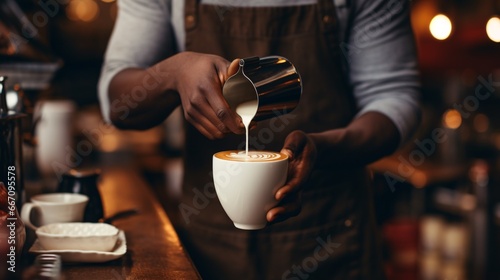 A barista artfully blends milk into a cappuccino.