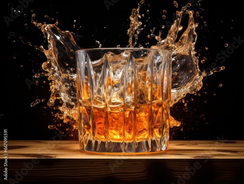 Whiskey splash in glass on wooden table close up