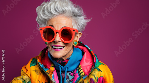 A vivacious grandmother exuding an eccentric air in fashionable apparel  depicted on a vibrant background  embodies the concept of aging gracefully.