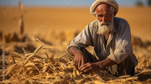 An Indian male was reaping wheat with a scythe then sheafing it. photo