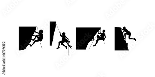 Rock climber silhouette. People man woman rock climbing silhouette in various poses. Set of climber indoor outdoor free collection.