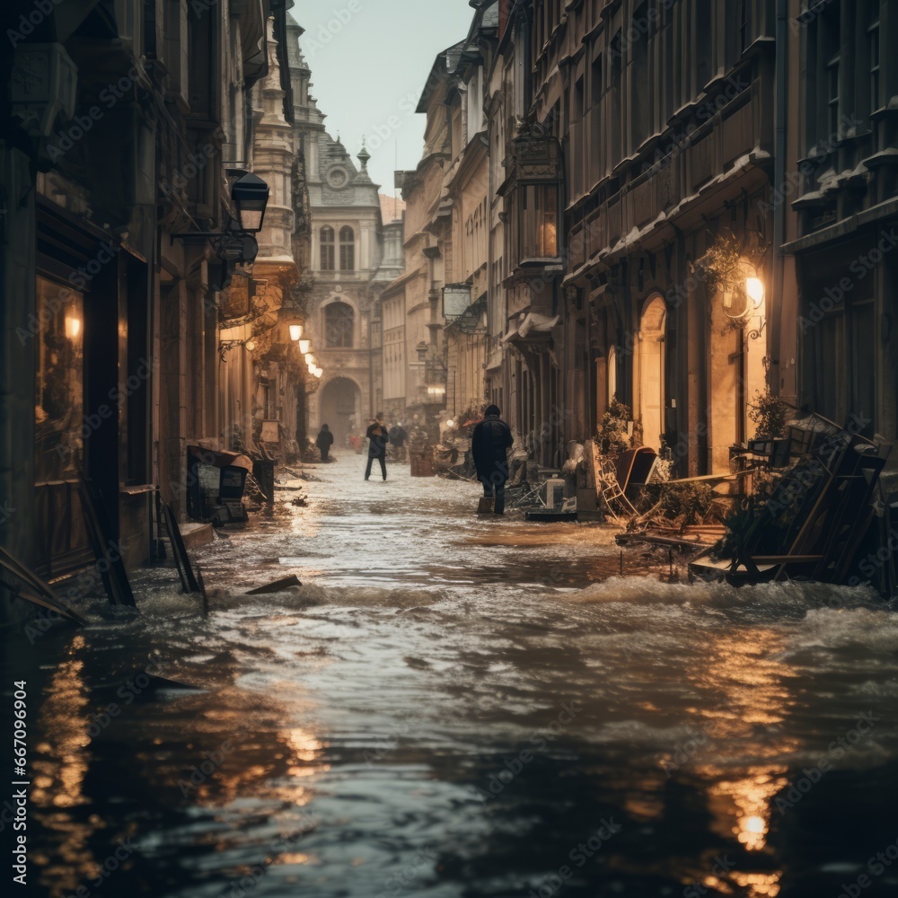 The historical heart of Europe affected by flooding, with streets submerged