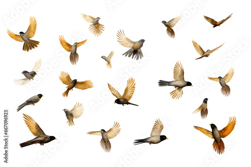 Group of Yellow Migratory Birds, Isolated on Transparent Background. Generative Ai