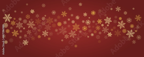 Christmas snowflakes red background. Winter gold snow falling minimal decoration, greeting card. Noel subtle backdrop. Vector illustration