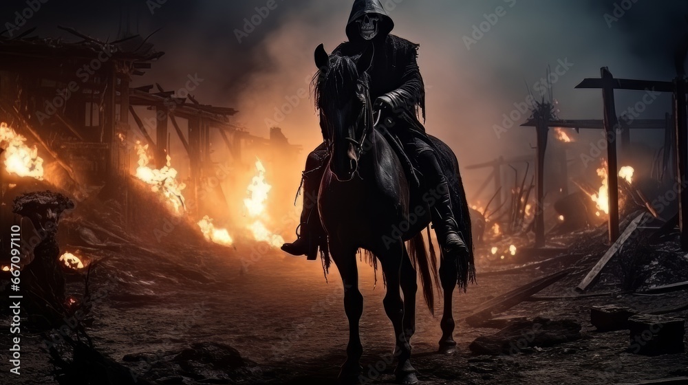 Black horseman of apocalypse riding black horse AI Black horseman of apocalypse riding black horse AI