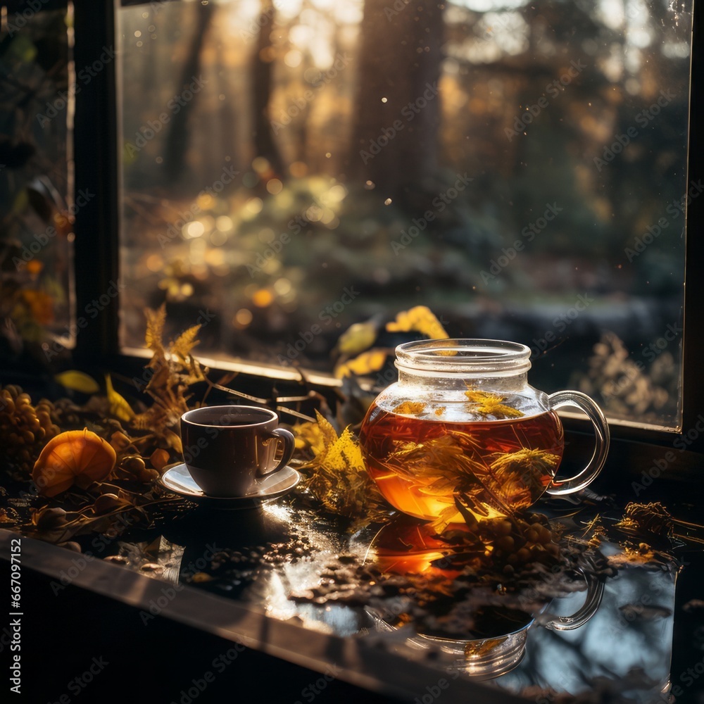 Tea autumn vibes. A hot cup of tea mixed with autumn vibes. Window