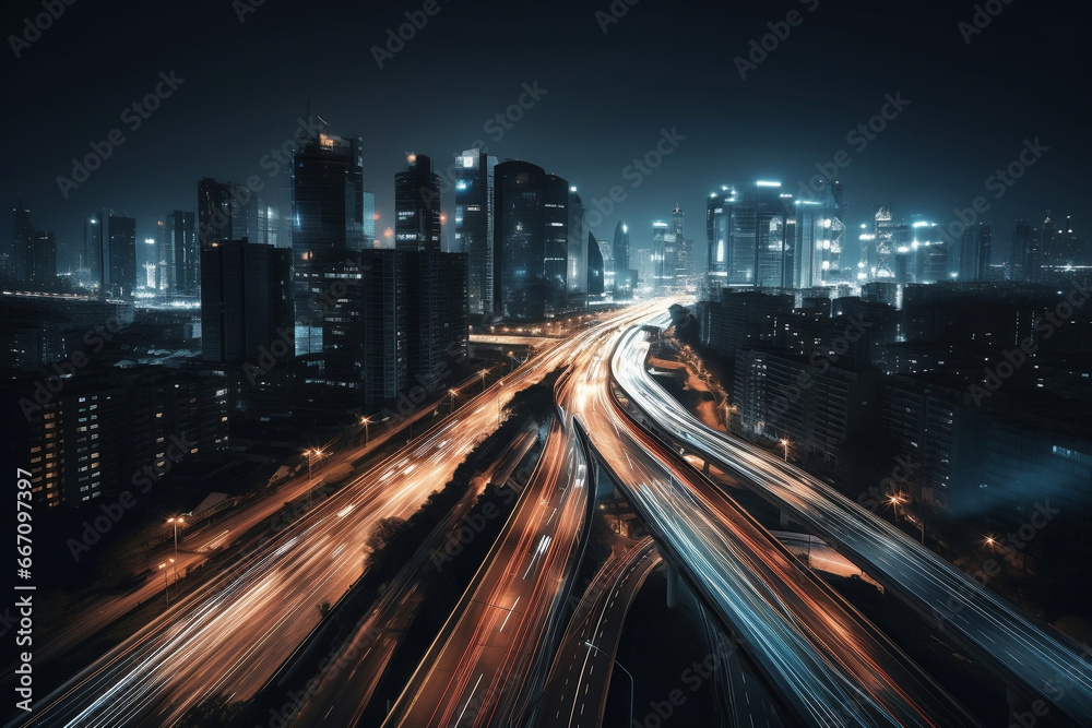 Futuristic city with light trails of traffic at night generative ai