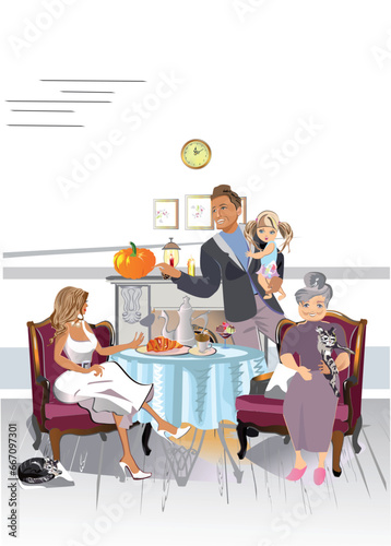  Mother, a father, thier  children and a grandfather, a grandmother spending time having their holiday family dinner. Hand drawn vector colorful flat illustration.