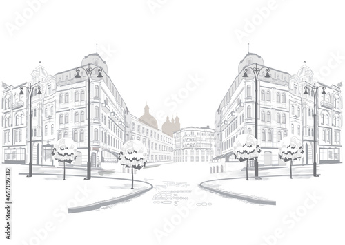 Series of street views in the old city. Hand drawn vector architectural travel background with historic buildings. Black   white sketch.
