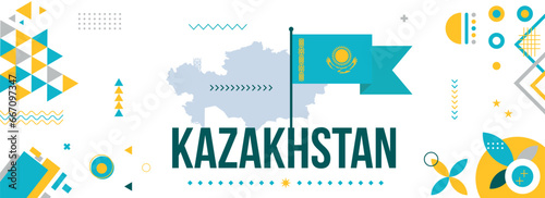 Kazakhstan national or independence day banner design for country celebration. Flag and map of Kazakhstan with  modern retro design and abstract geometric icons. Vector illustration.