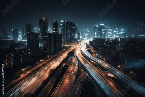 Futuristic city with light trails of traffic at night generative ai © Tohamina