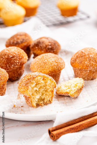 Mini Sugar and Cinnamon Cupcakes on a table, morning breakfast mini rolls sweet desserts
