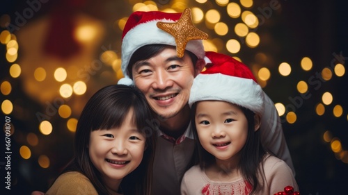 Smiling Asian Family in Santa Hats Enjoying Christmas at Home