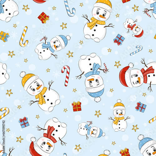 Christmas seamless pattern on a blue background with snowman, candy and gift