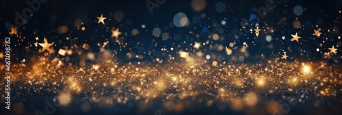 Sparkling Christmas: Golden Stars and Particles on Dark Blue Background with Bokeh and Foil Texture © Sandris_ua