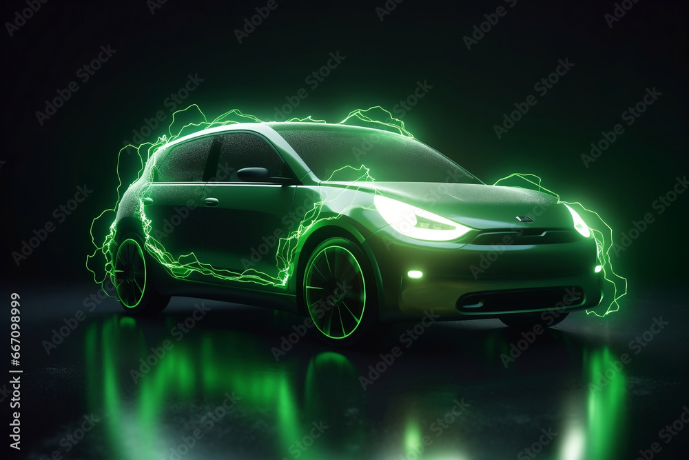 Futuristic green electric car study at studio scene with green lightning generative ai