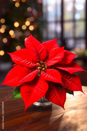 Vibrant and Festive Christmas Poinsettia Plant with Decorative Ornaments on Rustic Wooden Table