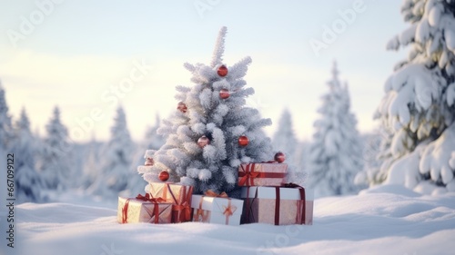 Rustic Christmas Charm  Genuine  Living Pine Tree Adorned with Presents against a Serene  Snow-Studded Backdrop. Simplicity  Nature-Inspired