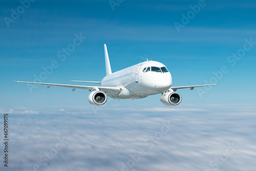 Modern white passenger airliner fly in the sky above the clouds