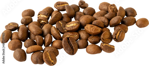 isolated coffee beans cut out on transparent background.