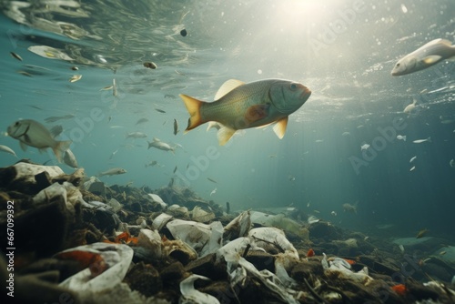 Shoal of fish navigating a river polluted with debris