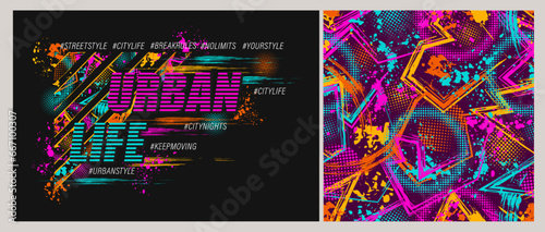 Abstract neon label, pattern with splattered paint, paint brush strokes, hashtags, text urban life. Dynamic chaotic composition For apparel, textile, sport goods, vinyl wrap Grunge texture Not AI