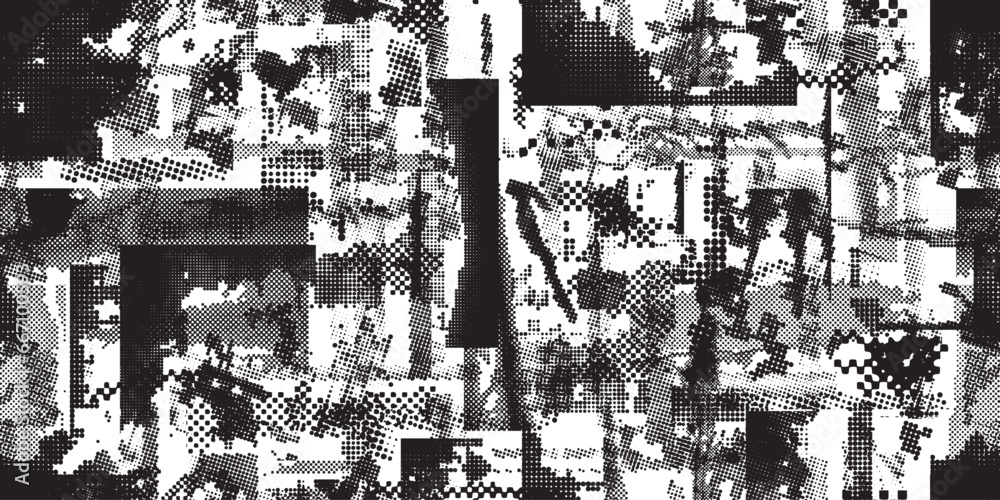 Glitch distorted grungy abstract forms . Halftone dots seamless pattern texture. Grange shapes .Grunge textured . Vector shapes with half tone dots .Screen print endless pattern texture Glitch distorted grungy abstract forms . Halftone dots seamless pattern texture. Grange shapes .Grunge textured . Vector shapes with half tone dots .Screen print endless pattern texture