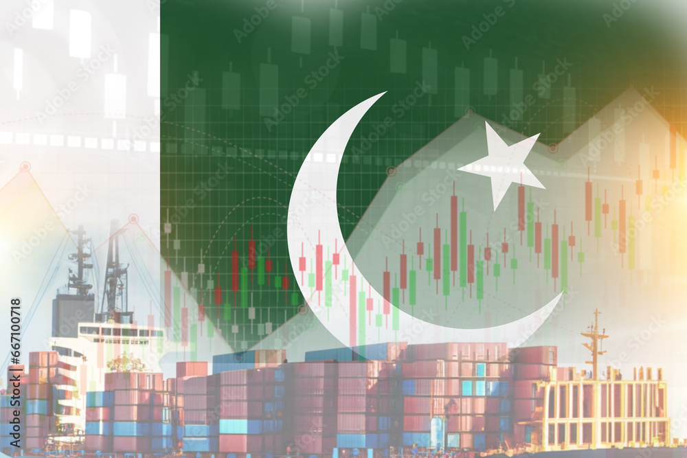 Pakistan flag with containers in ship. trade graph concept illustrate ...