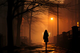 A foggy street at twilight. In the foreground. AI generative