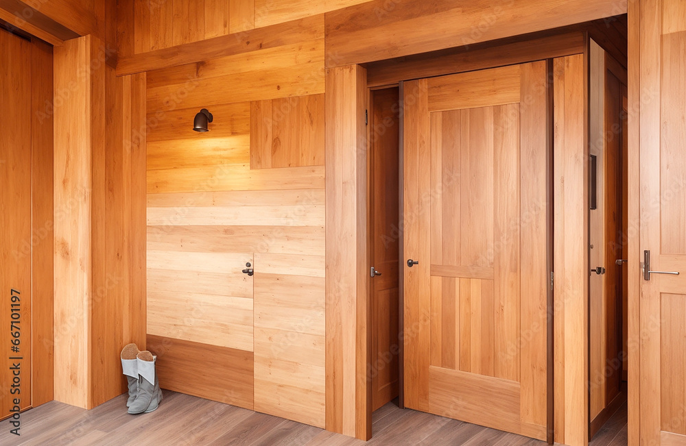 Wooden access and bean cladding bank in rustic hallway with door. Wooden access and bean cladding bank in rustic hallway with door.